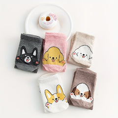 5 Pairs Cartoon Dog Print Socks Women's Stockings & Hosiery