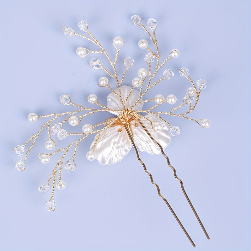 Flower Alloy Hairpin with Faux Pearl Rhinestone Bridal Hair Accessories
