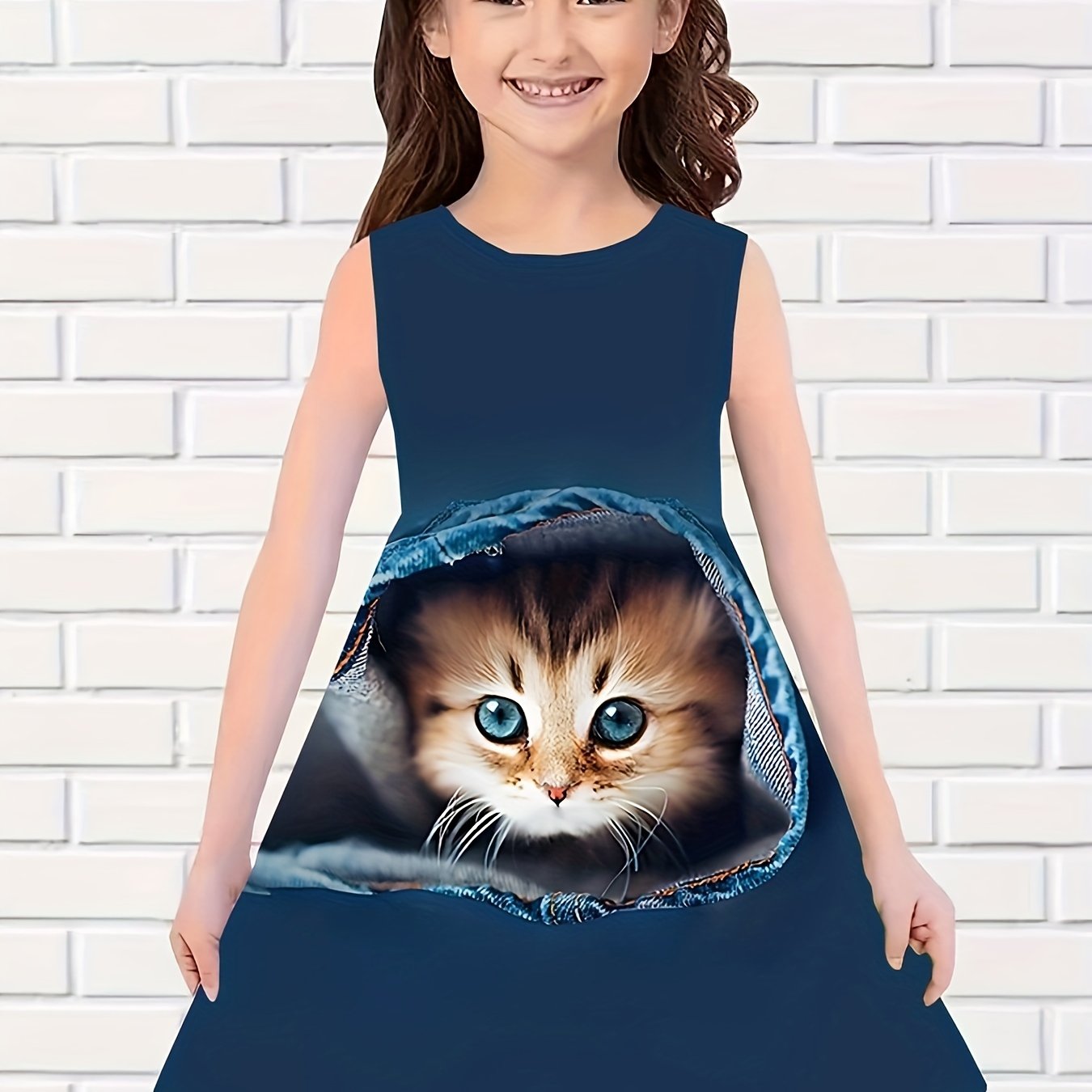 Creative Kitty Graphic Sleeveless Dress For Girls Summer