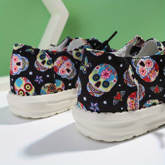Women's Skull & Flower Print Sneakers Lace Up Outdoor Shoes