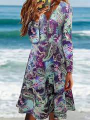Paisley Print Long Sleeve Half Zipper Boho Dress