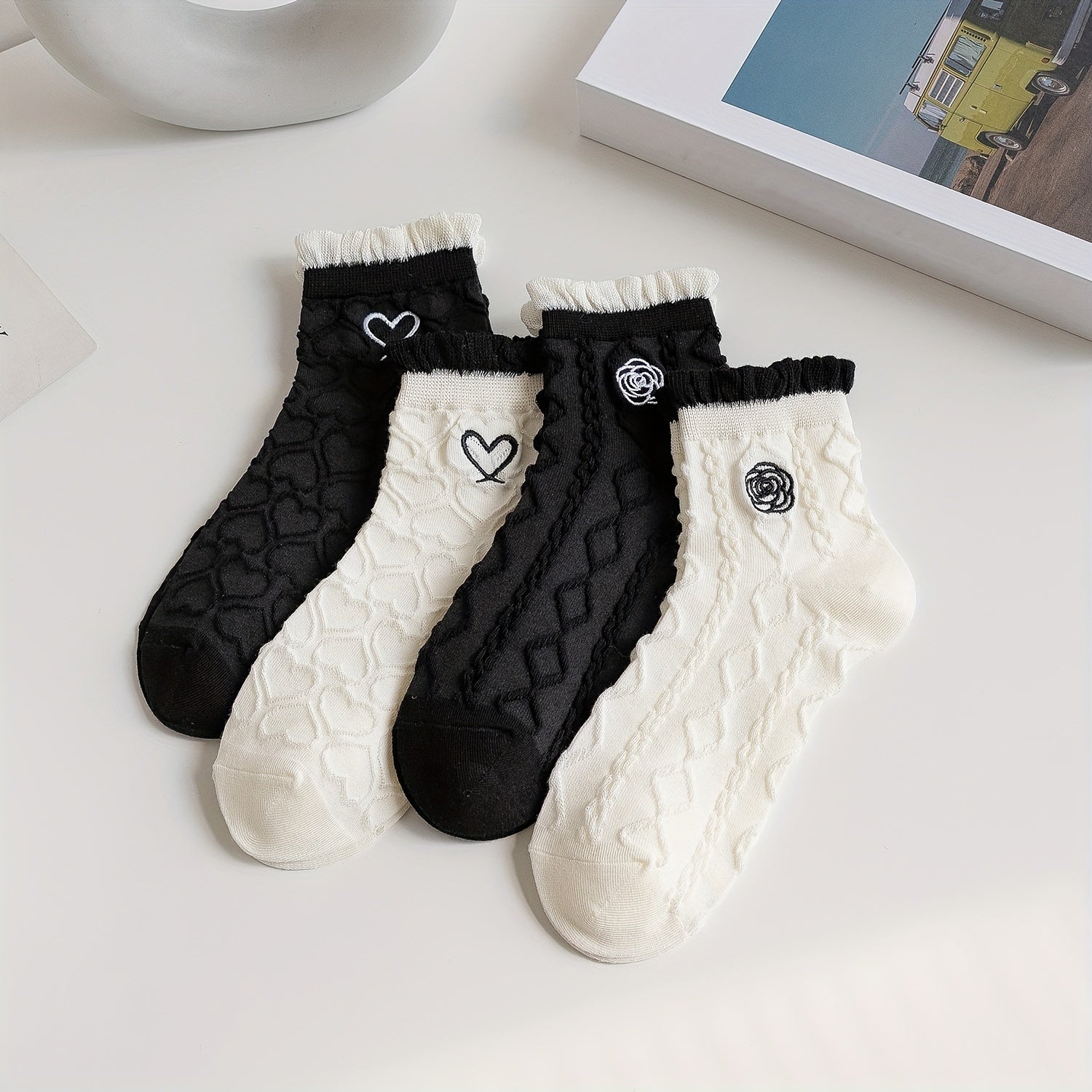 4 Pairs Textured Ruffle Socks Embroidery Short Socks