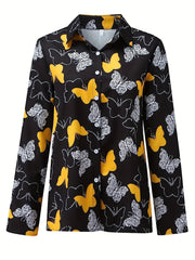 Butterfly Print Plus Size Button Up Blouse