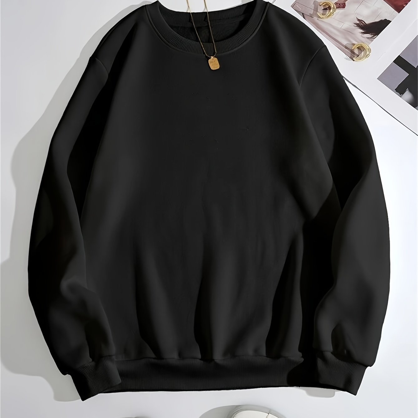 Solid Crew Neck Long Sleeve Sweater Plush Inner Outwear Pullover Shirt