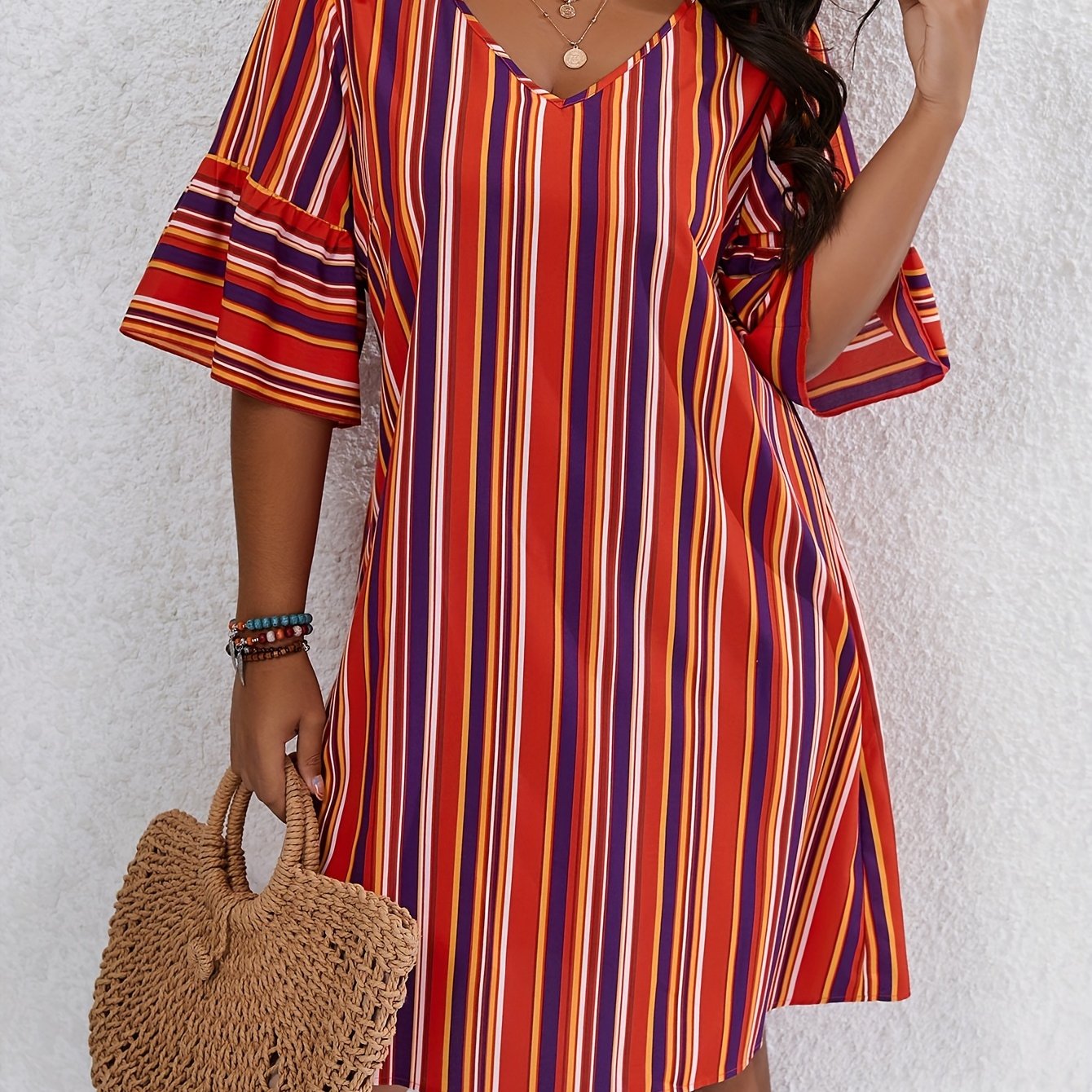 Stripe Print V Neck Loose Fit Mini Dress