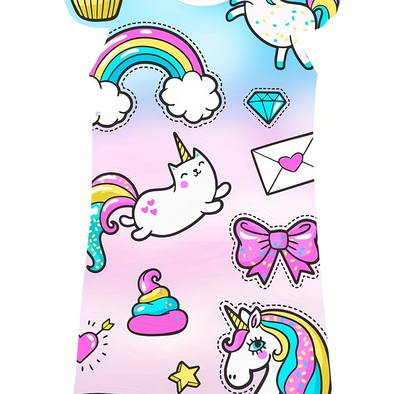 Girl's Rainbow Cat Dress Crew Neck Princess Dress