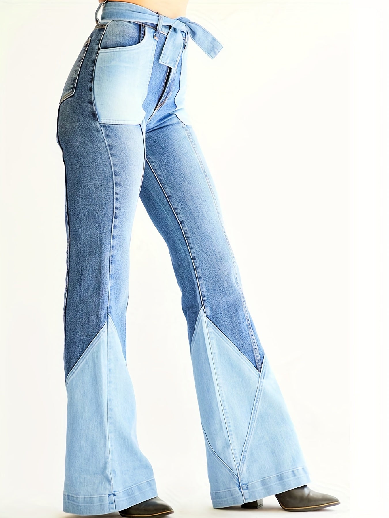 Colorblock High Waist Flare Jeans With Pockets