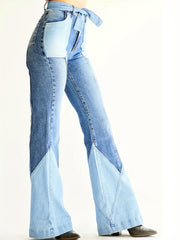 Colorblock High Waist Flare Jeans With Pockets