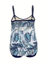 Leaf Print Tankini Set Crew Neck Tie Front Cami Top & Shorts Two Piece