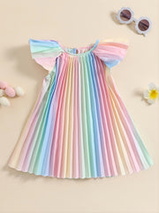 Girls Small Flying Sleeve Gradient Colorful Pleated Dress