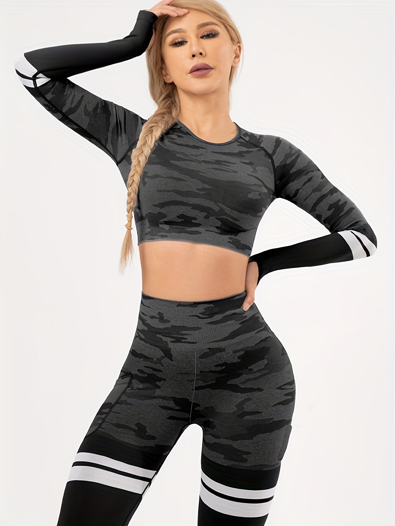 Camouflage Yoga Set Long Sleeve Crop Top & High Waist Leggings