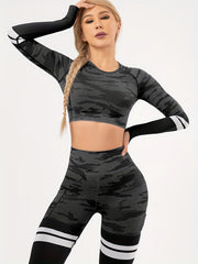 Camouflage Yoga Set Long Sleeve Crop Top & High Waist Leggings