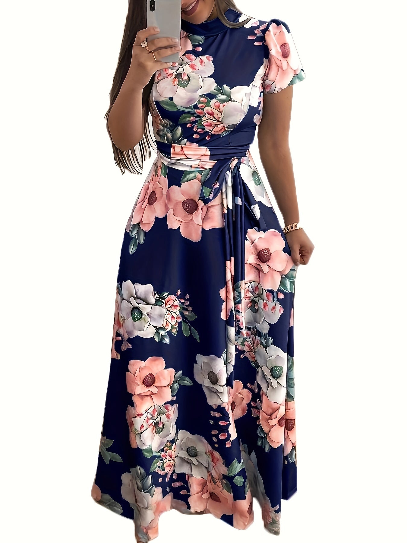 Floral Print Short Sleeve Stretch Dress