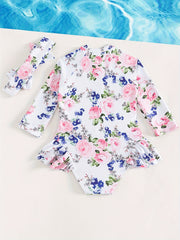 2pcs Toddlers Floral One Piece Swimsuit Set with Hair Band