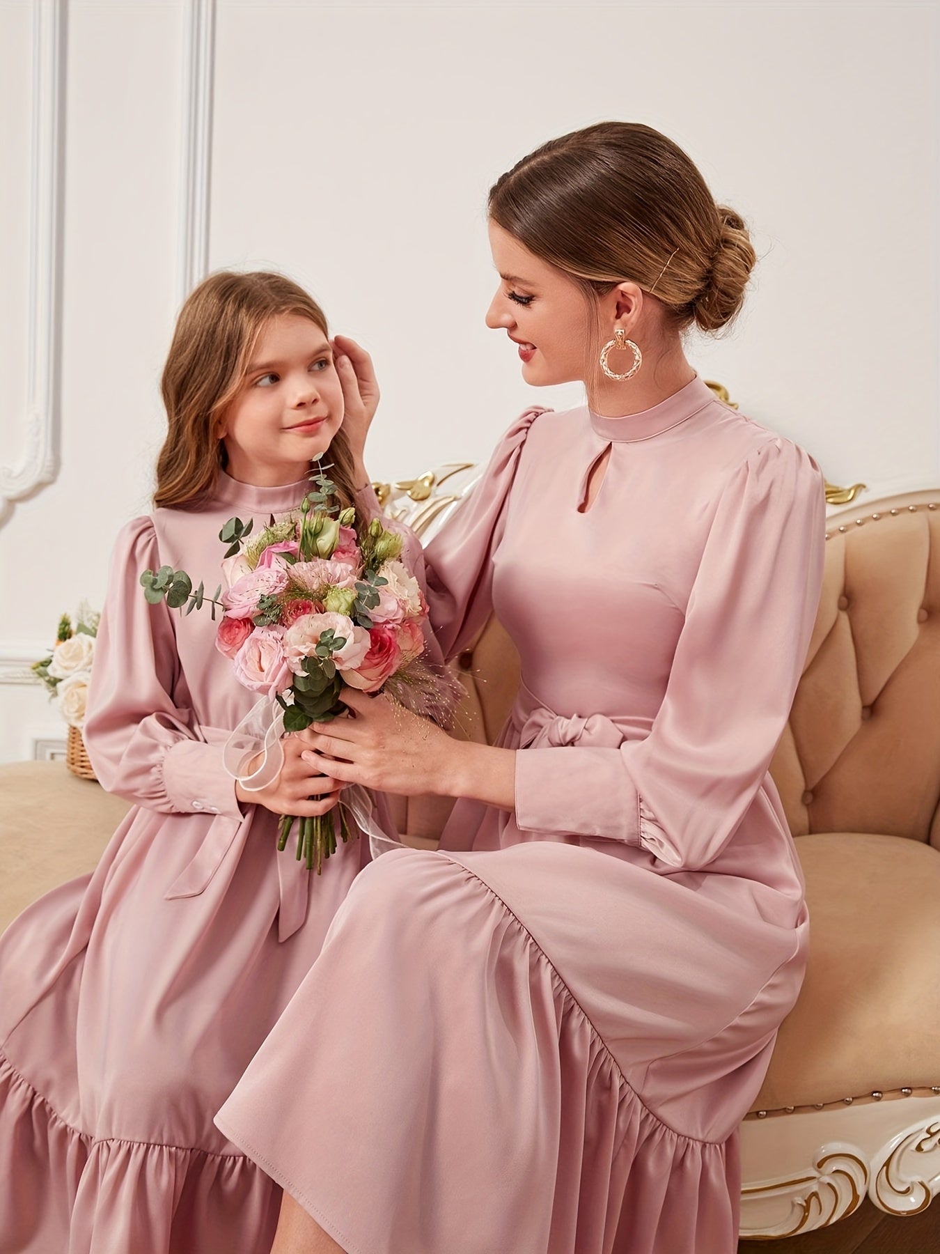 Stylish Family Matching Dress Casual Solid Long Sleeve Family Dress