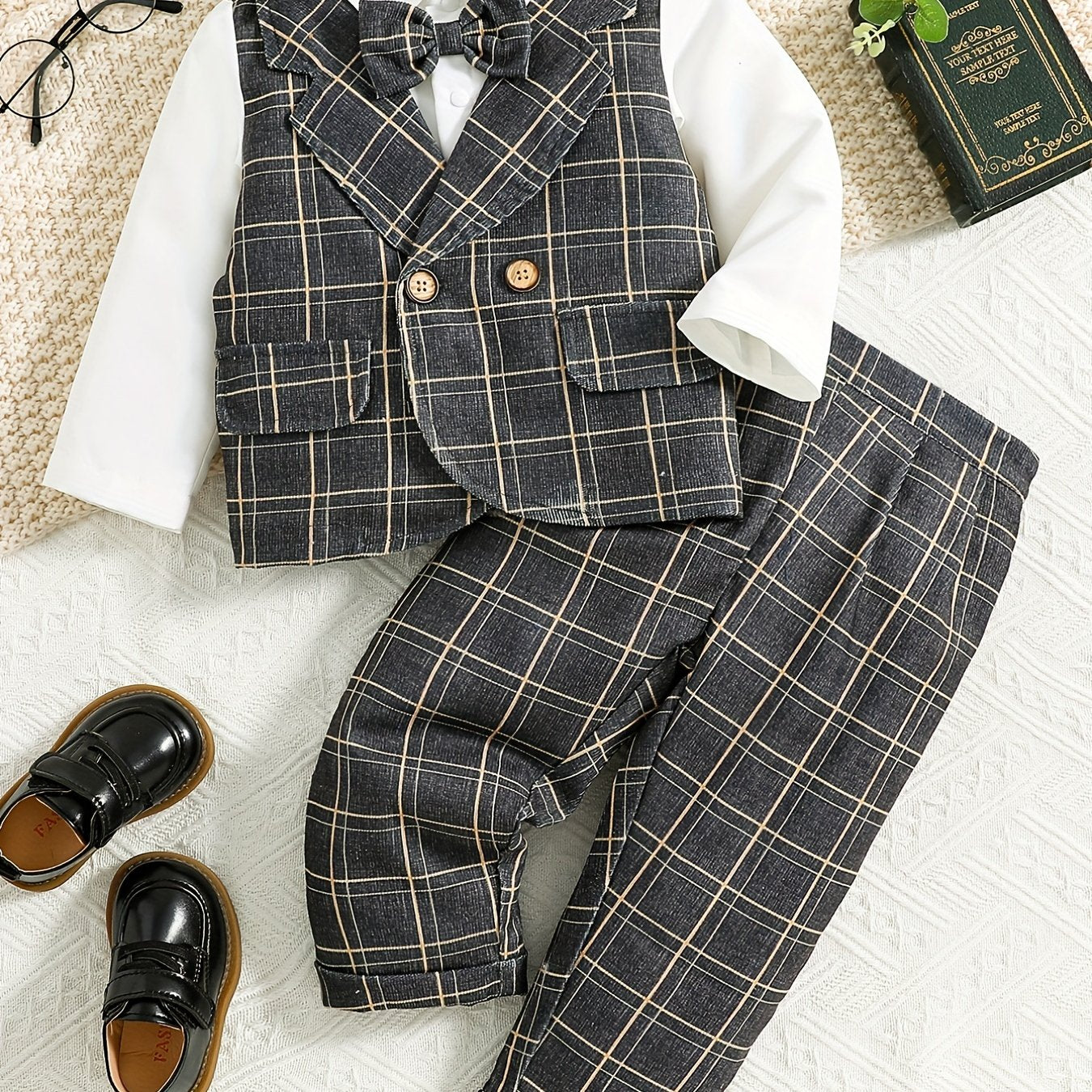 Baby Boy Gentleman Bow Plaid Suit Kids Party Christening Clothes Set