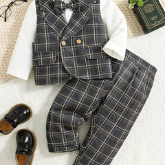Baby Boy Gentleman Bow Plaid Suit Kids Party Christening Clothes Set