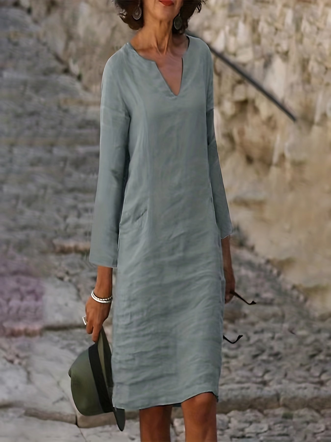 Notched Neck Long Sleeve Dress