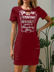 Ripped Letter Print Dress Sexy Cut Out V Neck Short Sleeve Dress