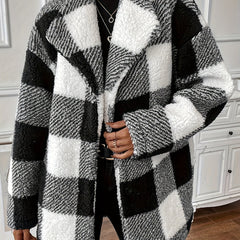 Plaid Print Teddy Coat Waterfall Collar Button Front Warm Outerwear
