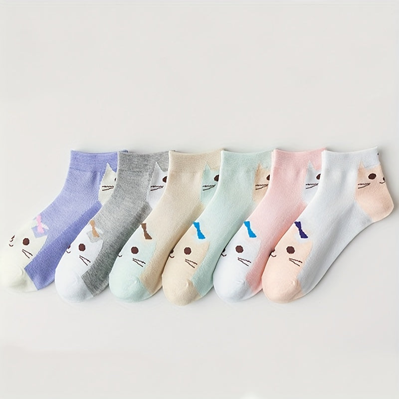 6 Pairs Cartoon Cat Print Socks & Sports Short Socks Women's Stockings