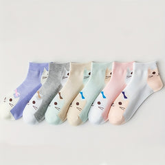 6 Pairs Cartoon Cat Print Socks & Sports Short Socks Women's Stockings