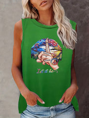 Vintage Lips & Hand Print Tank Top Crew Neck Summer Tank Top