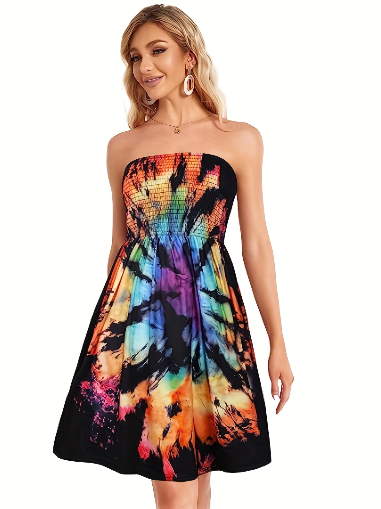 Tie Dye Print Tube Dress Sleeveless Casual Pleated Dress for Summer