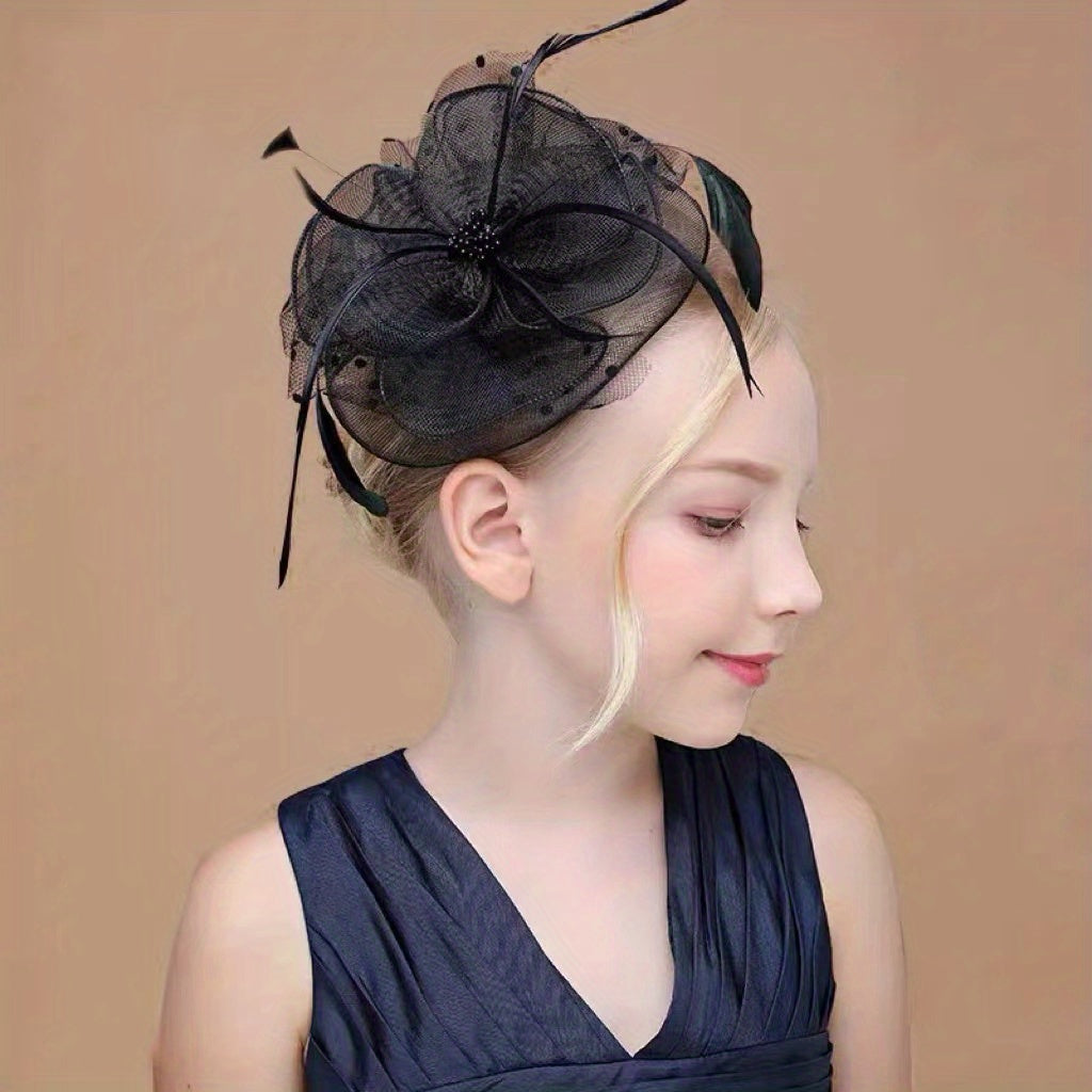 Mesh Bowler Hat with Feather Bow for Girls Party