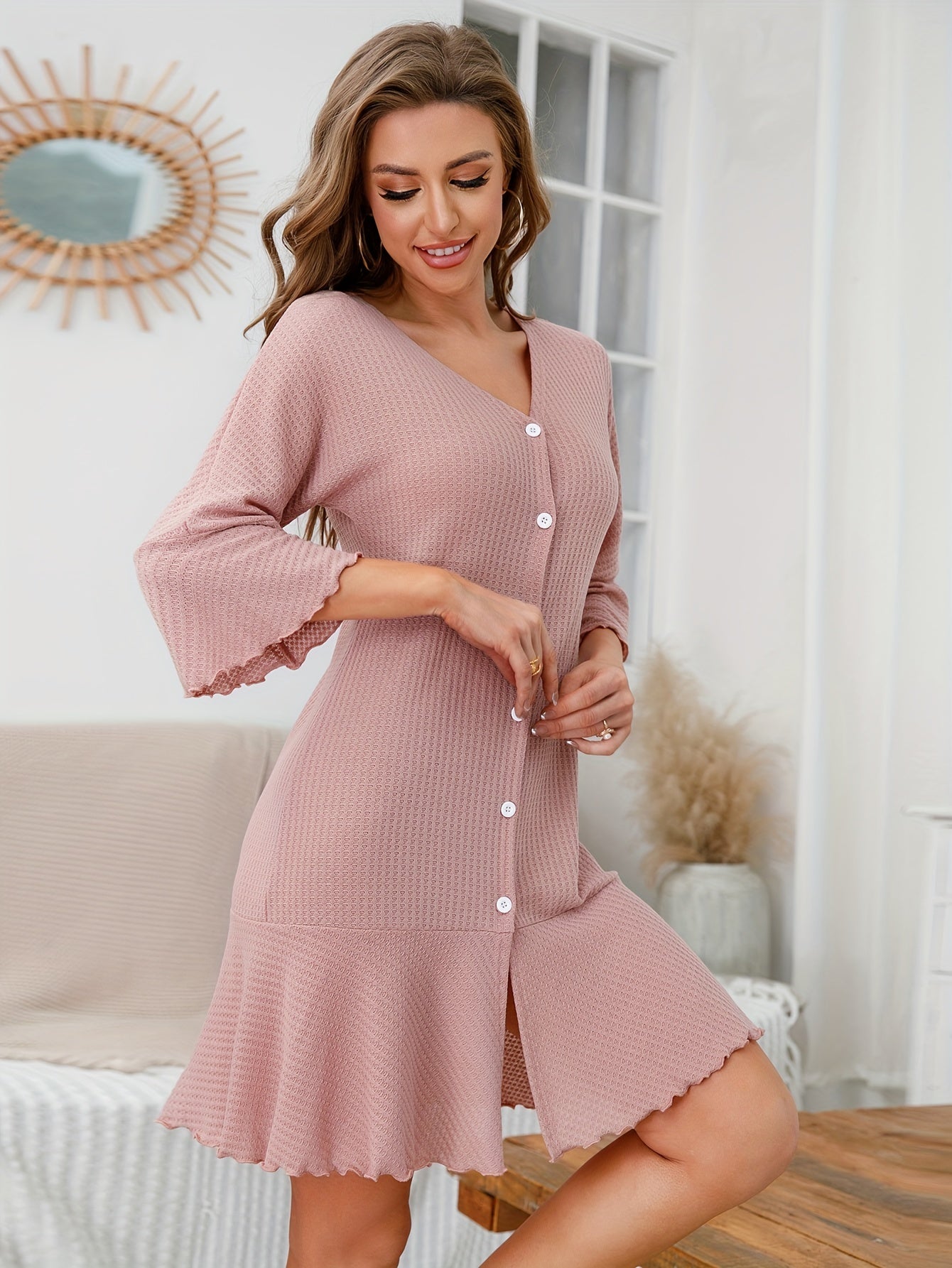 Waffle V-Neck Button Lounge Dress