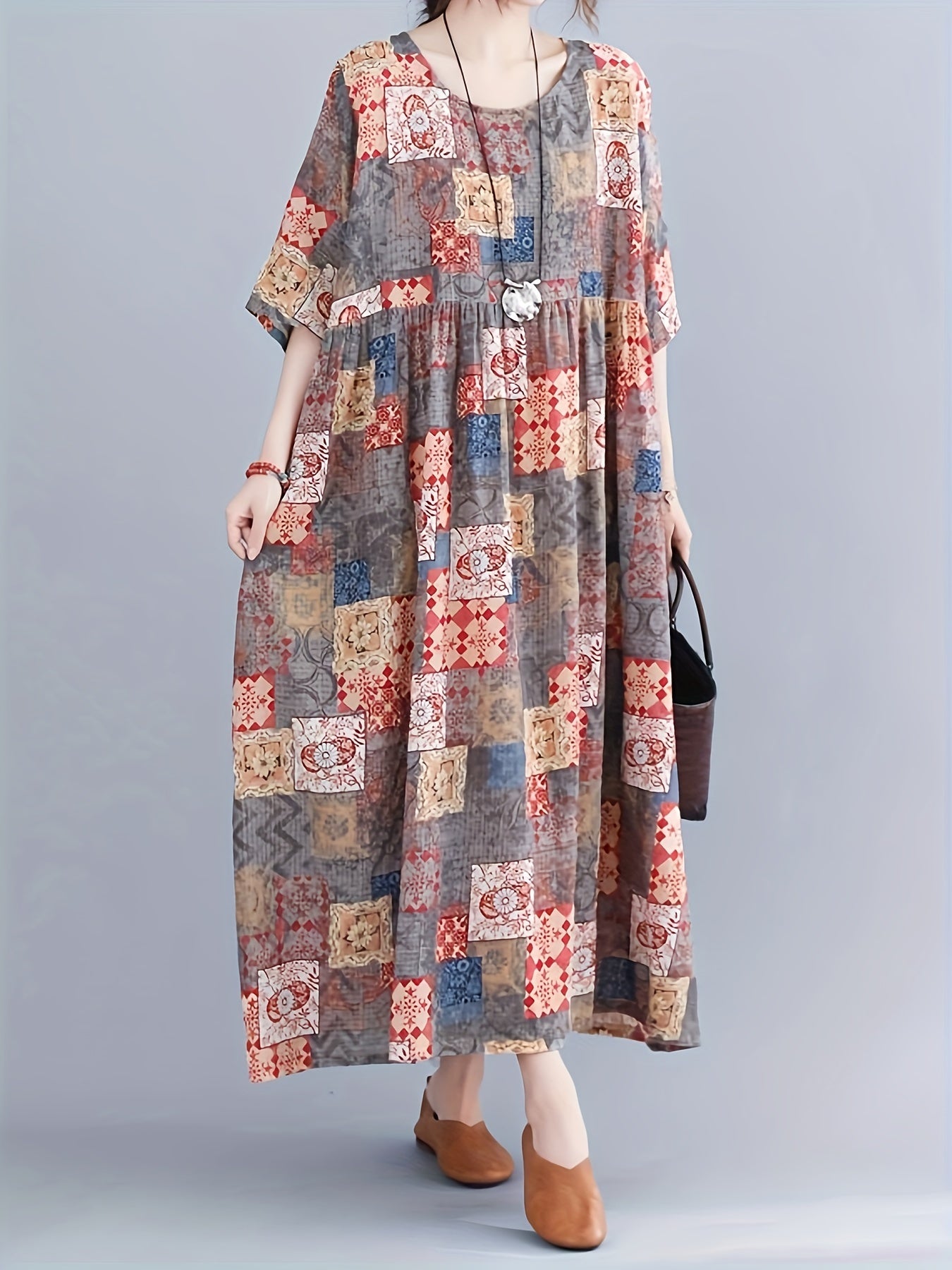 Boho Dress Women's Plus Scarf Print Maxi Dress With Pockets