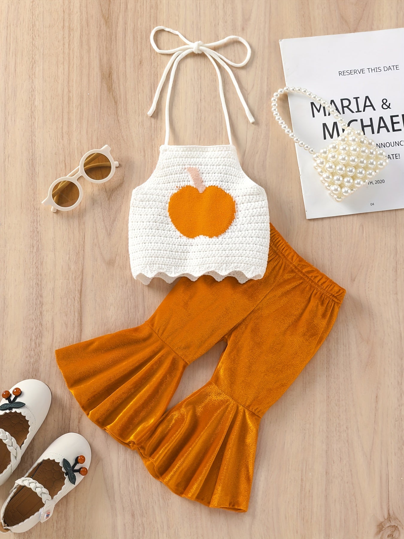 2pcs Baby Girls Knit Halter Top & Flared Pants Set