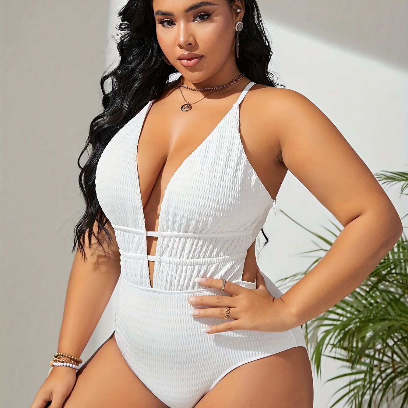 Sexy Swimsuit Women's Solid Textured Crisscross Tie Back One Piece