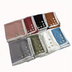 Lace Square Scarf Faux Pearl Flower Decor Bandana Solid Hijab for Women