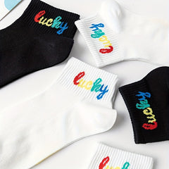 5 Pairs Letter Print Soft Short Socks Women's Stockings & Hosiery