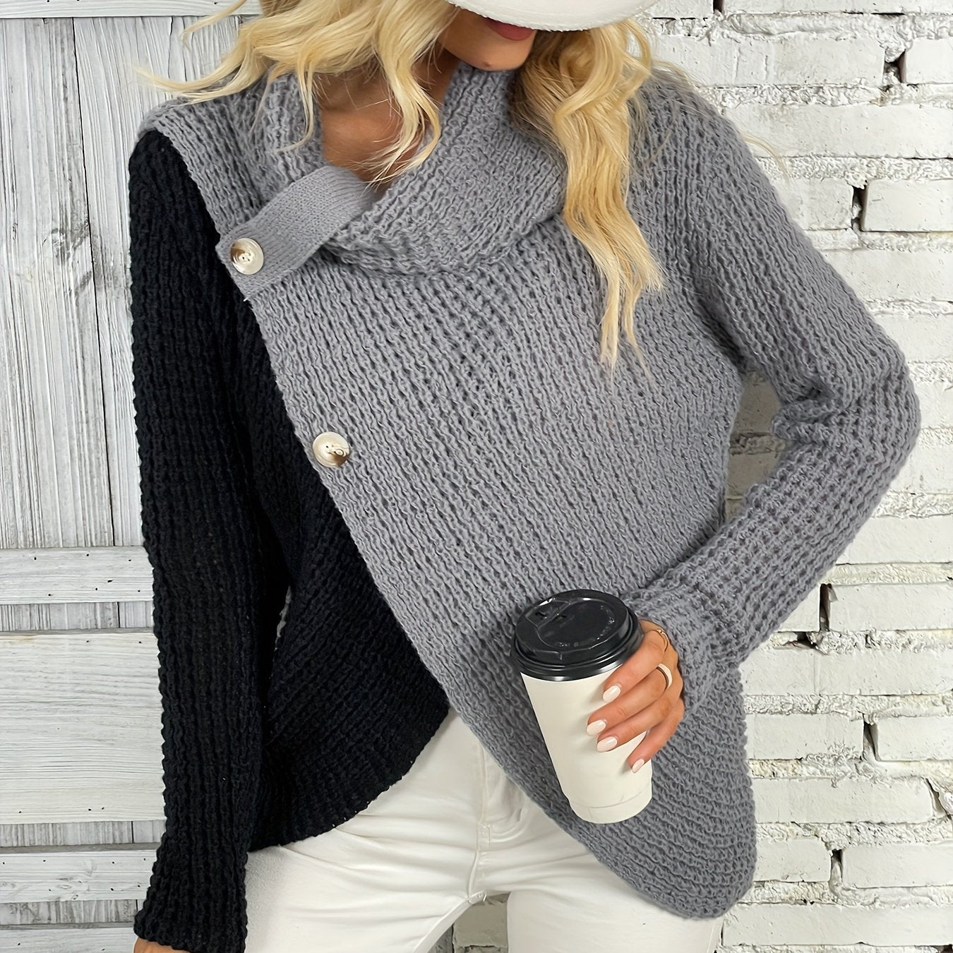 Colorblock Button Knit Pullover Top Long Sleeve Sweater