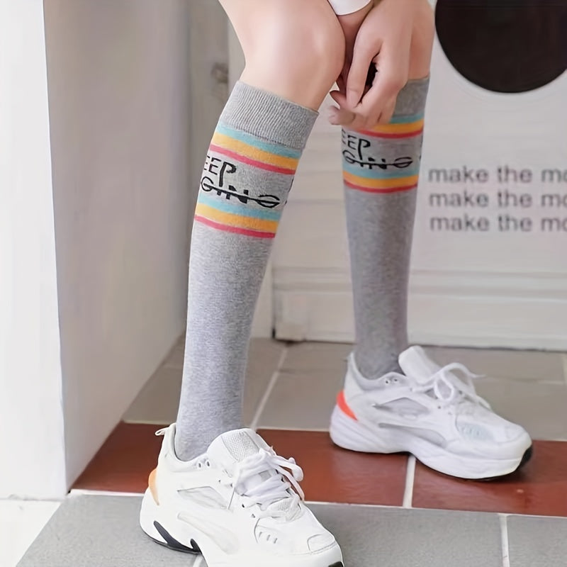 Rainbow Striped Calf Socks Knee High Women's Stockings