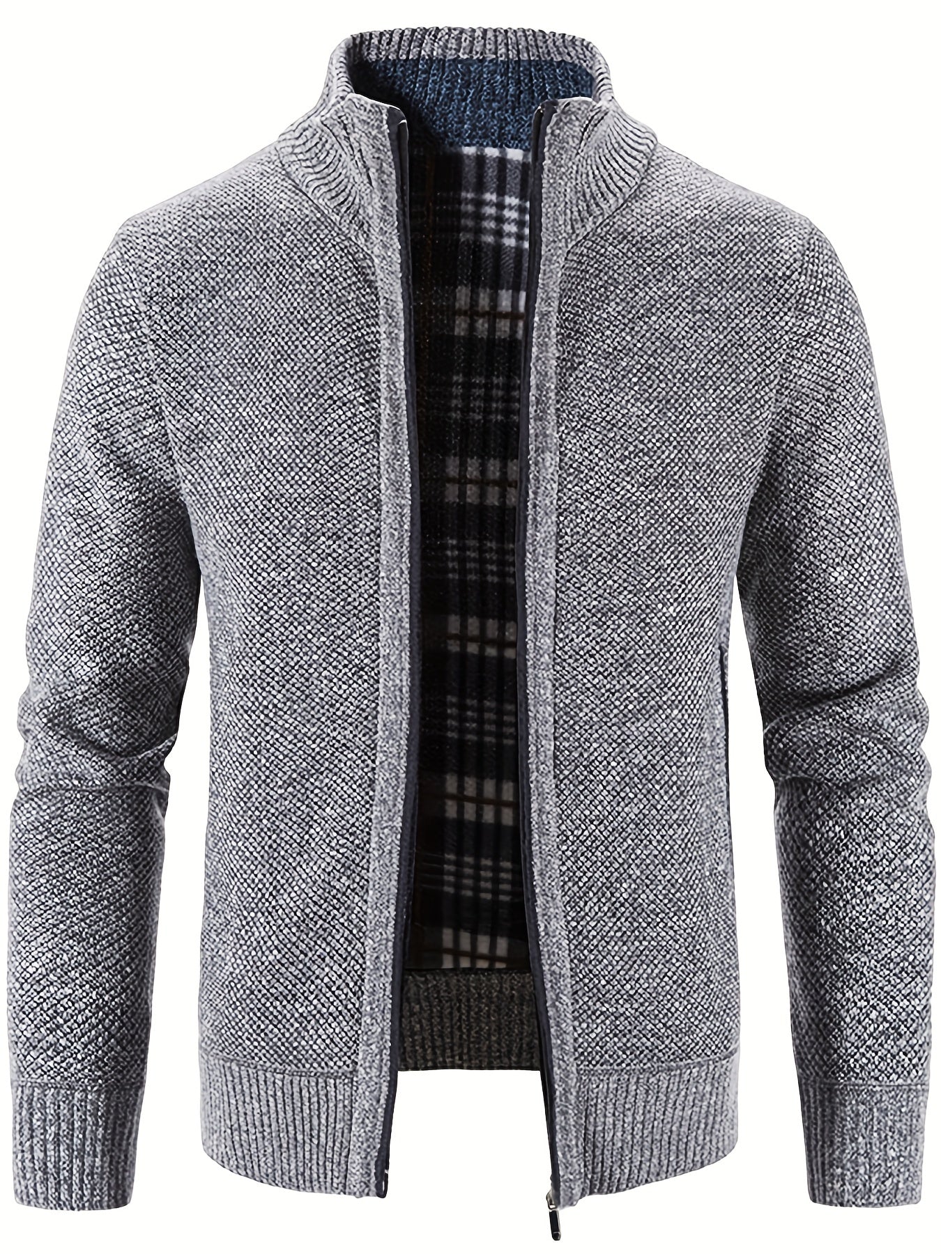 Men's Warm Stand Collar Fleece Jacket - Zip Up Knitted Cardigan