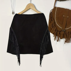 Party Skirt Women's Plus Solid Rhinestone Decor Fringe Trim Zipper