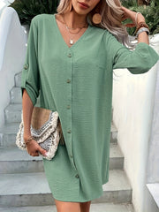 Solid V Neck Button Front Dress Women's Clothing