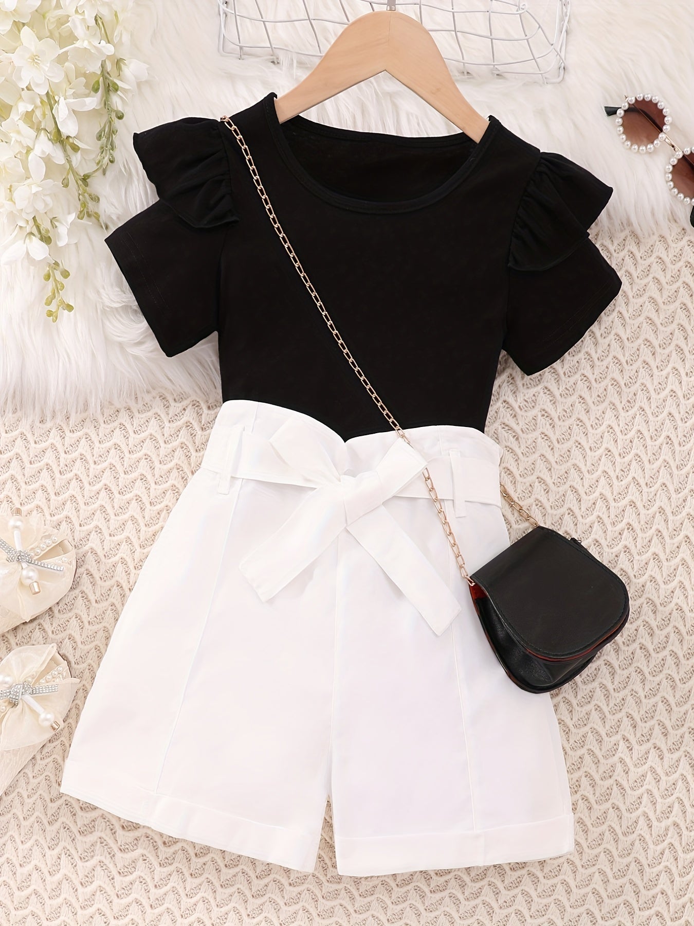Girl's Ruffle Short Sleeve T shirt & Shorts Set with Bow Belt