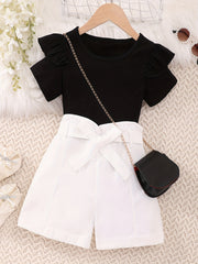 Girl's Ruffle Short Sleeve T shirt & Shorts Set with Bow Belt