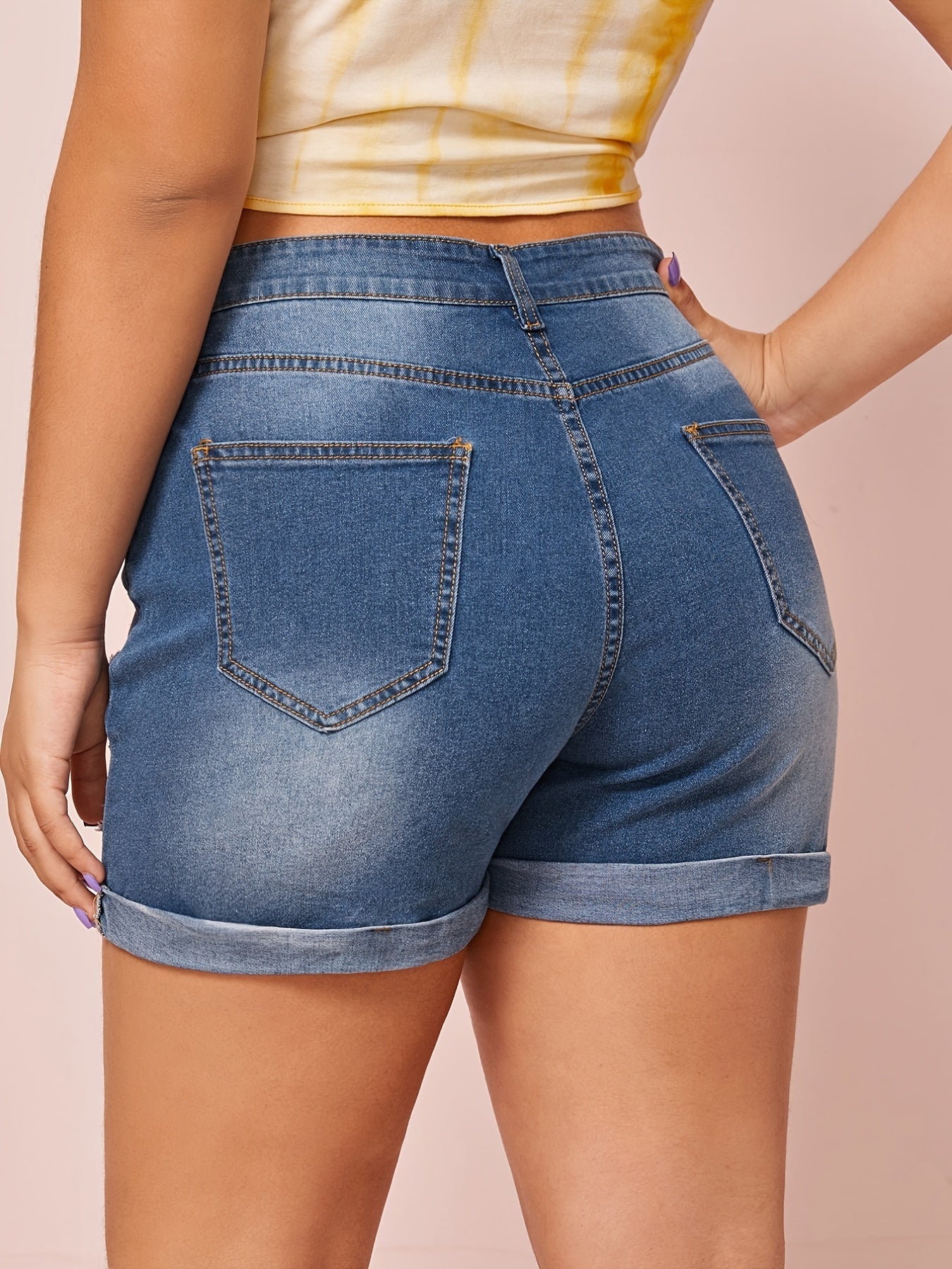 Ripped High Rise Button Denim Shorts