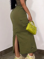Solid Drawstring Flap Pockets Skirt, Casual Split Skirt