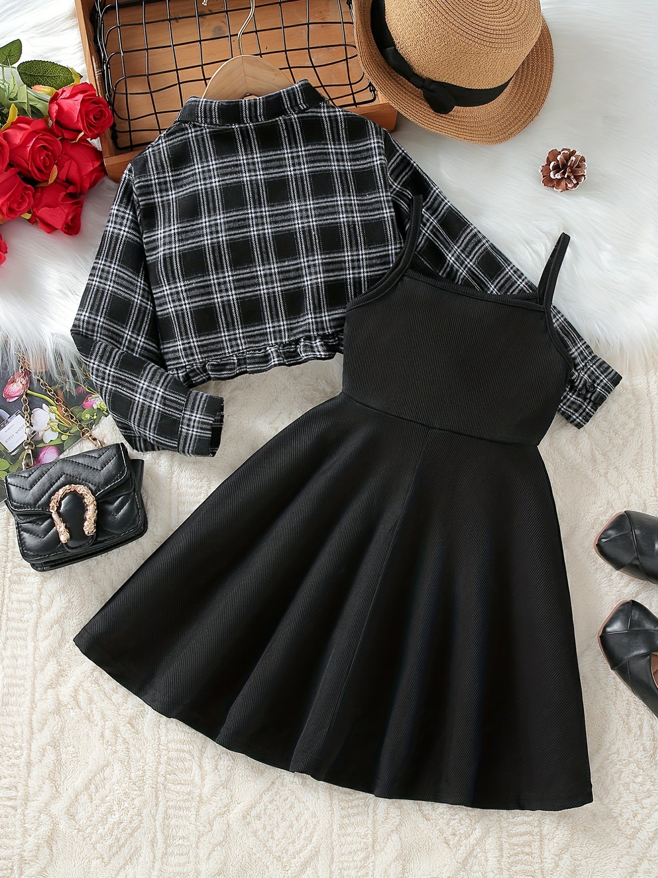 Girls A-line Dress & Plaid Shirt Set Kids Summer Clothes