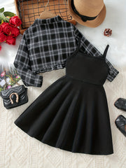 Girls A-line Dress & Plaid Shirt Set Kids Summer Clothes