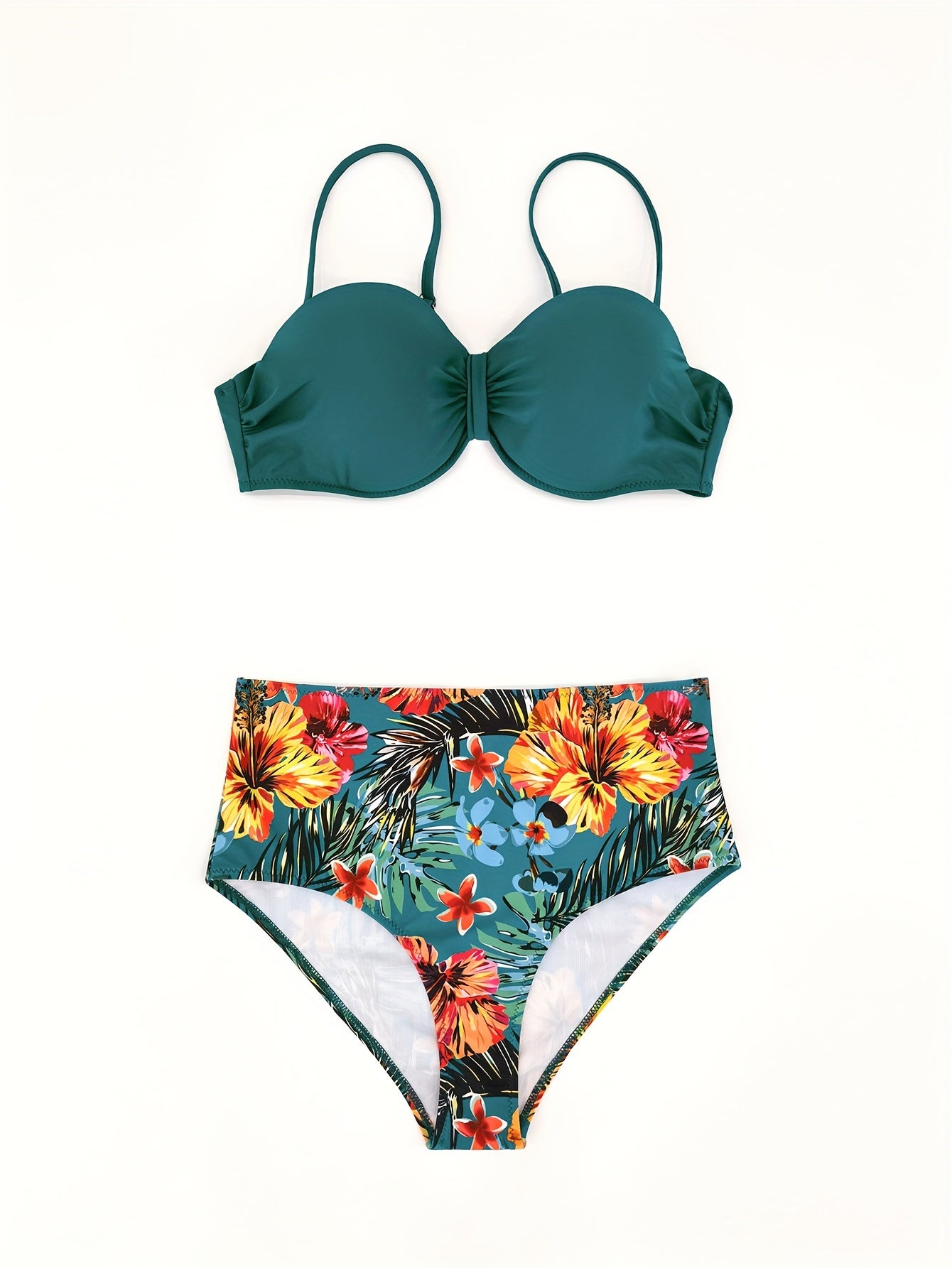 Tropical Print High Waist Bikini Set Spaghetti Straps Back Tie Swimsuit