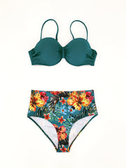 Tropical Print High Waist Bikini Set Spaghetti Straps Back Tie Swimsuit