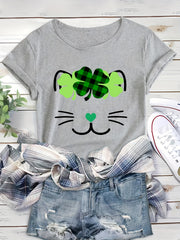 St Patrick's Leaf And Cat Graphic Causal Sports T-shirt Round Neck