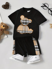 Plaid Bear Embroidery T shirt & Shorts Baby 2pcs Set Clothes